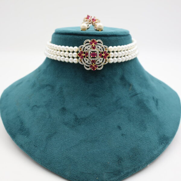 Alternative view of CZ Ruby Pendant Pearl Choker