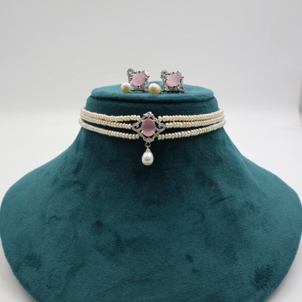 Alternative view of CZ Pink Stone Pendant Pearl Choker