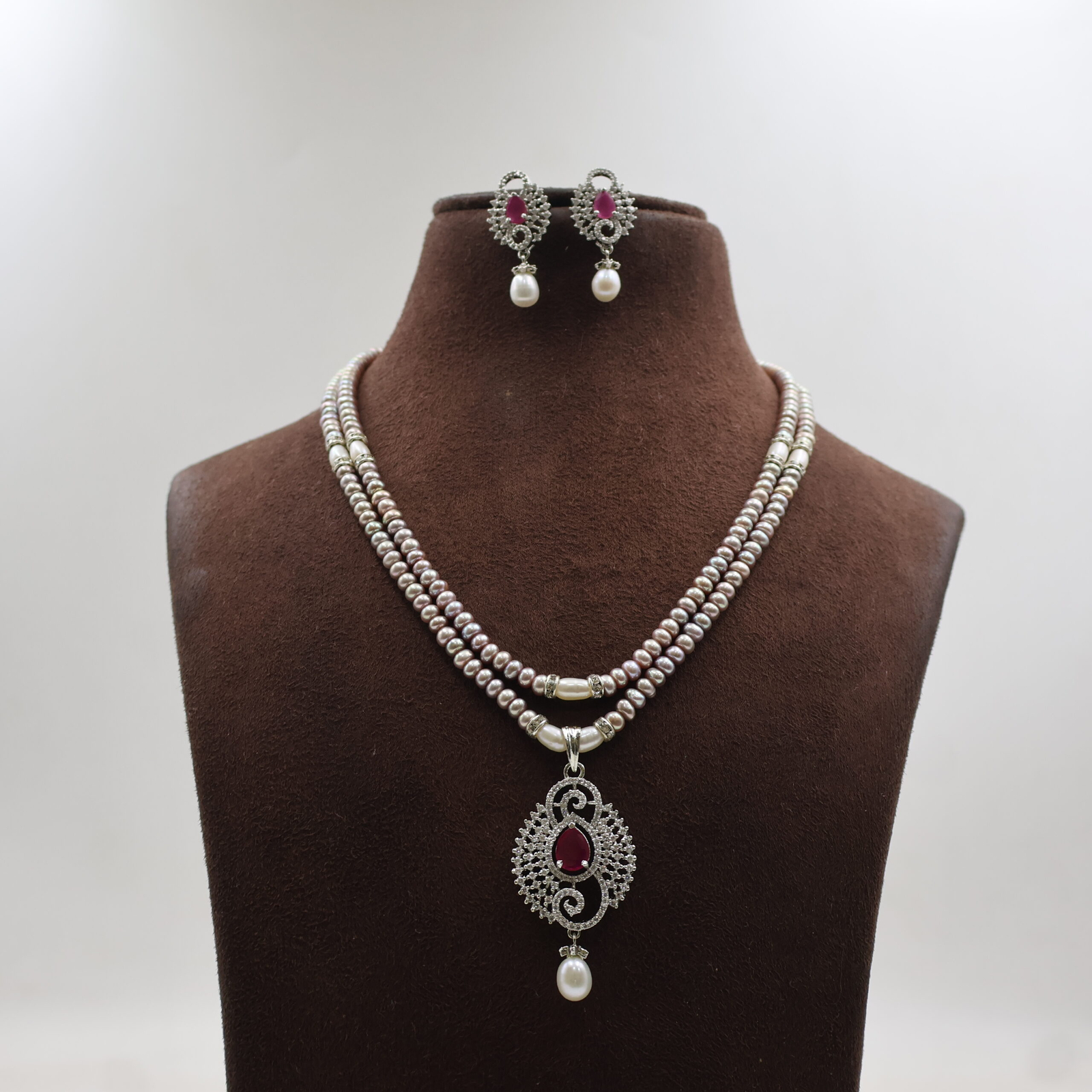 Elegant Ruby CZ Stone Pearl Set - Image 2