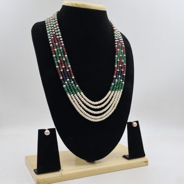 Traditional Multi Gemstone Pearl Necklace Set - Image 4
