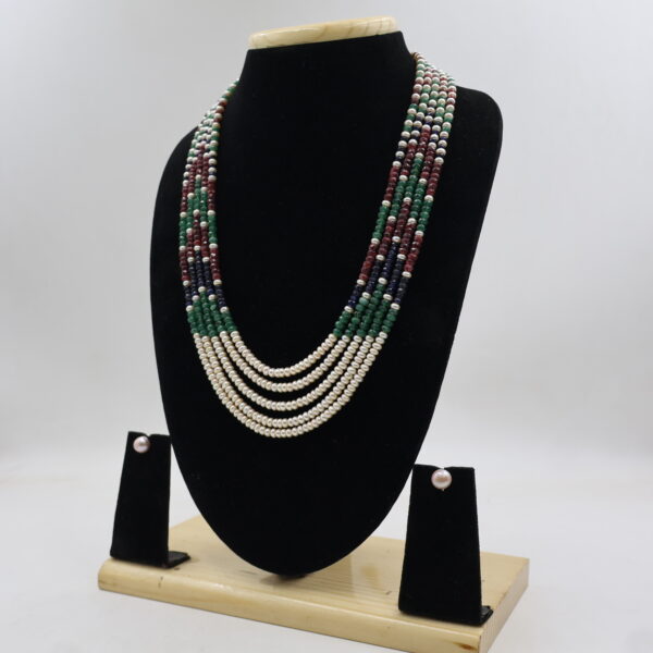 Traditional Multi Gemstone Pearl Necklace Set - Image 3