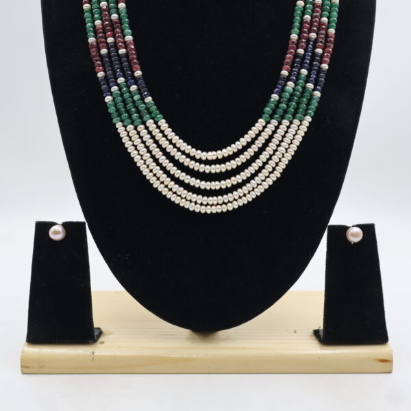 Traditional Multi Gemstone Pearl Necklace Set - Image 5