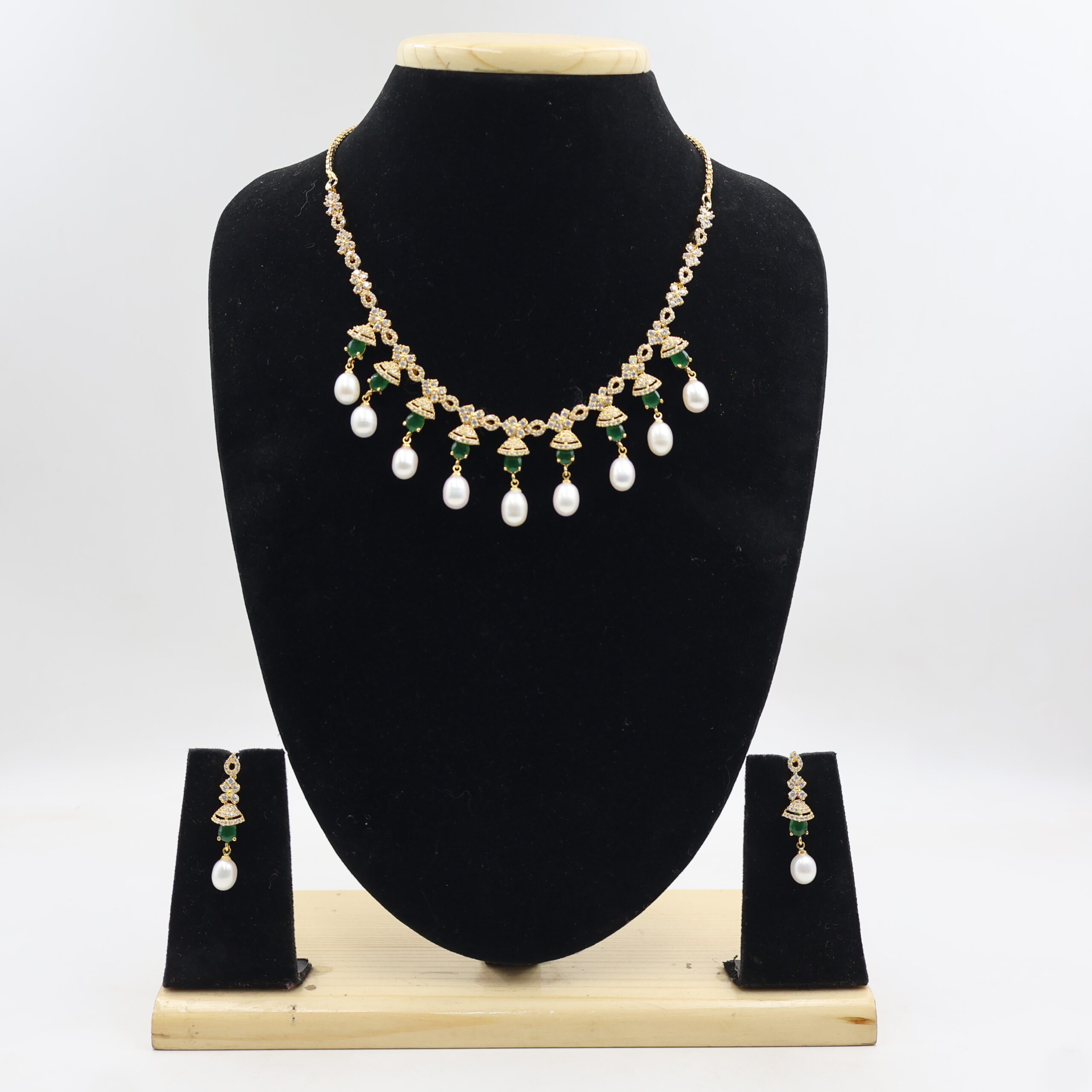 Designer CZ Emerald Pearl Necklace - Image 2