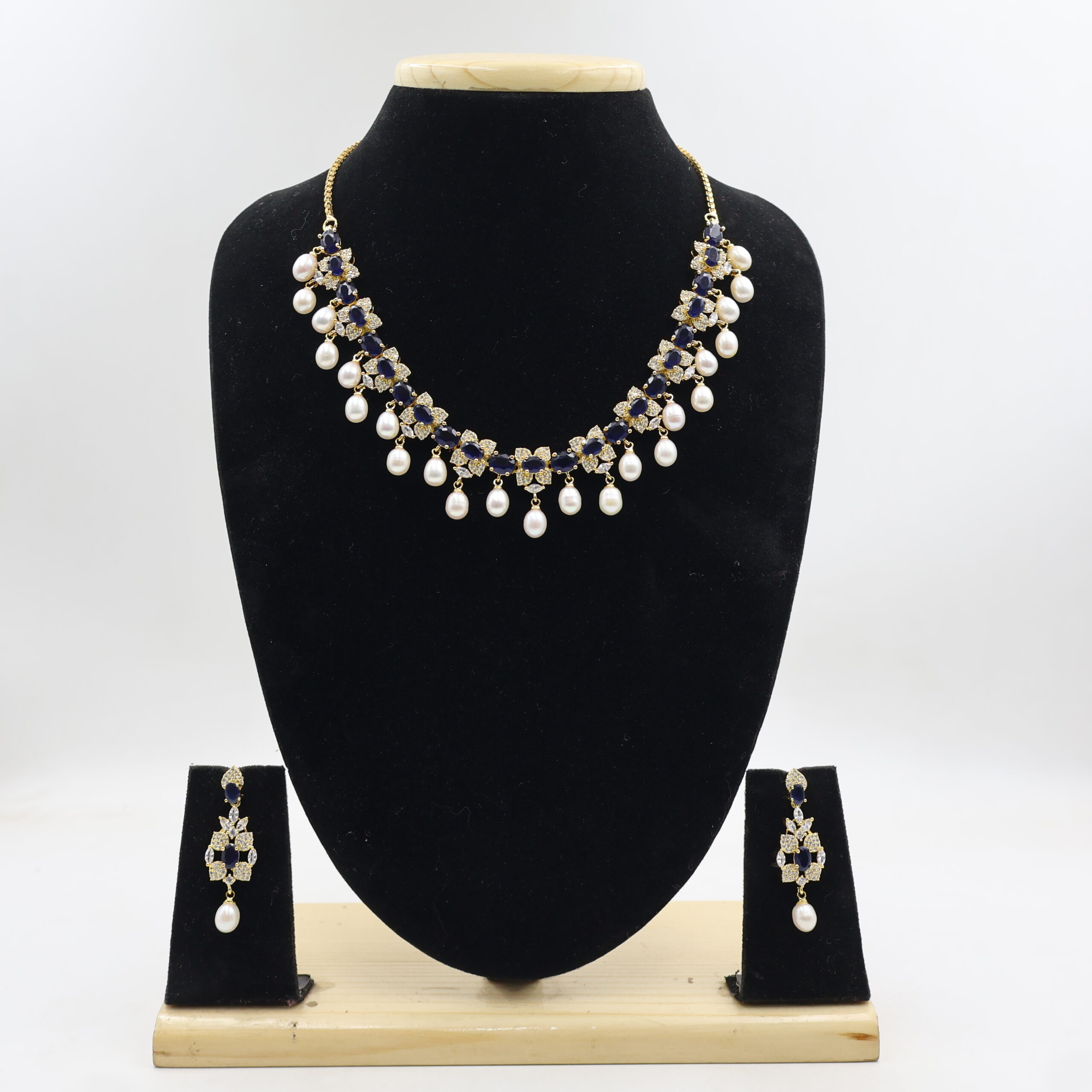 Designer CZ Blue Stone Sapphire Pearl Necklace - Image 2
