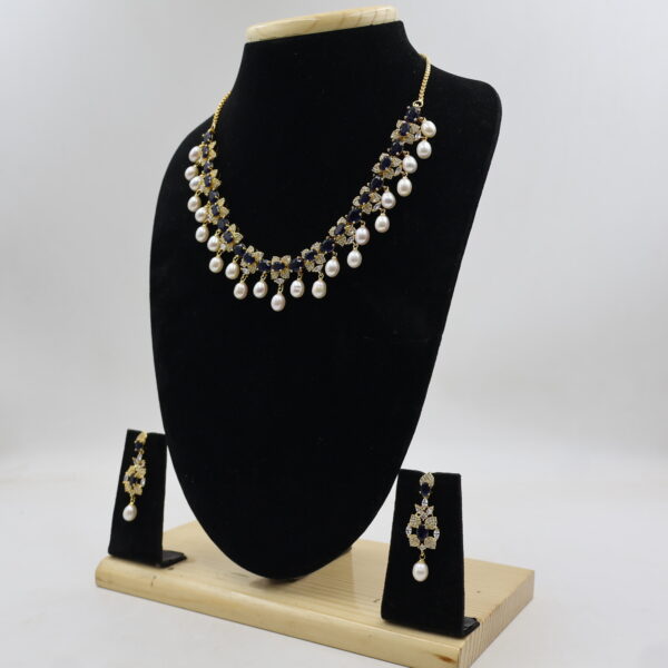 Designer CZ Blue Stone Sapphire Pearl Necklace - Image 4