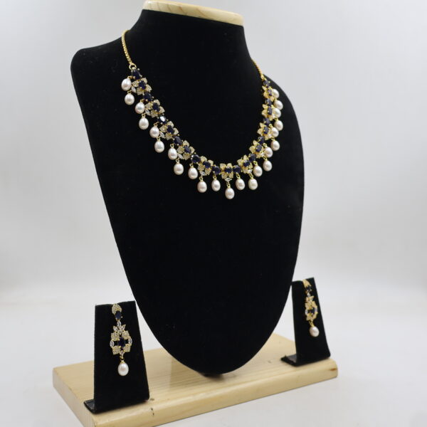 Designer CZ Blue Stone Sapphire Pearl Necklace - Image 3