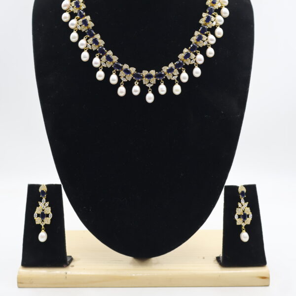 Designer CZ Blue Stone Sapphire Pearl Necklace - Image 5