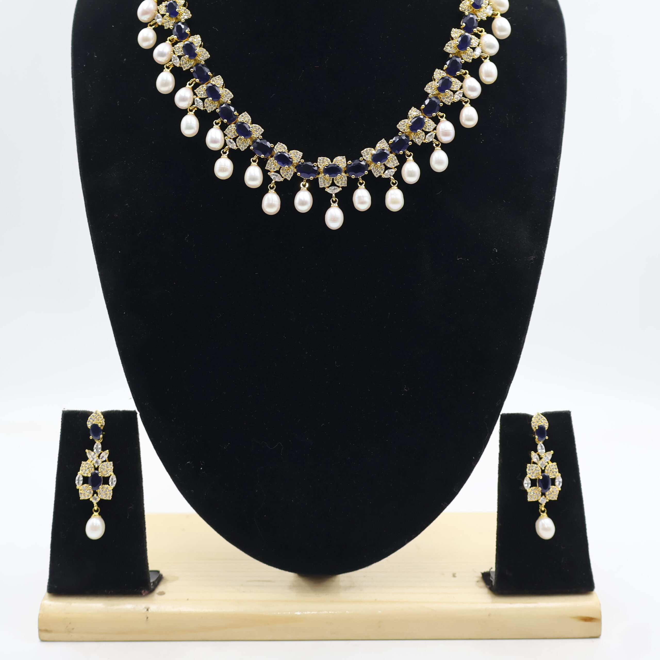 Designer CZ Blue Stone Sapphire Pearl Necklace - Image 5
