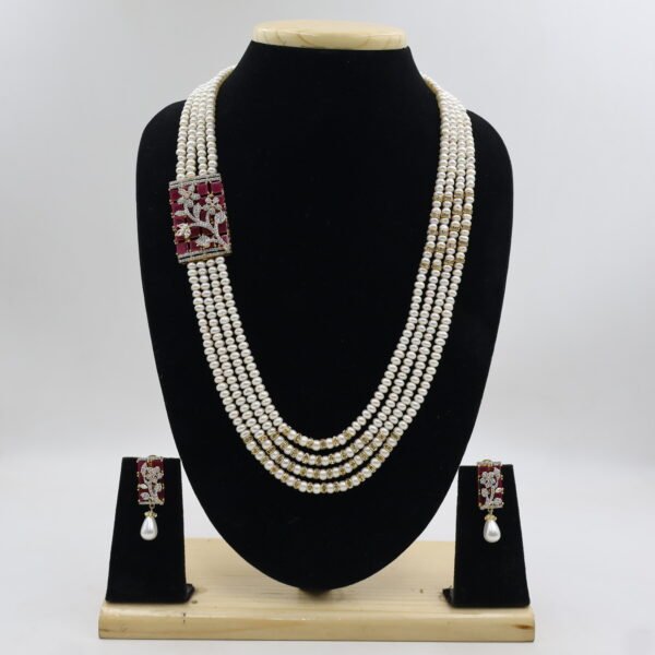 Premium Multi-Strand Pearl Necklace with Ruby Brooch - Image 2