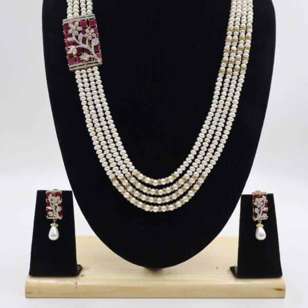 Premium Multi-Strand Pearl Necklace with Ruby Brooch - Image 5
