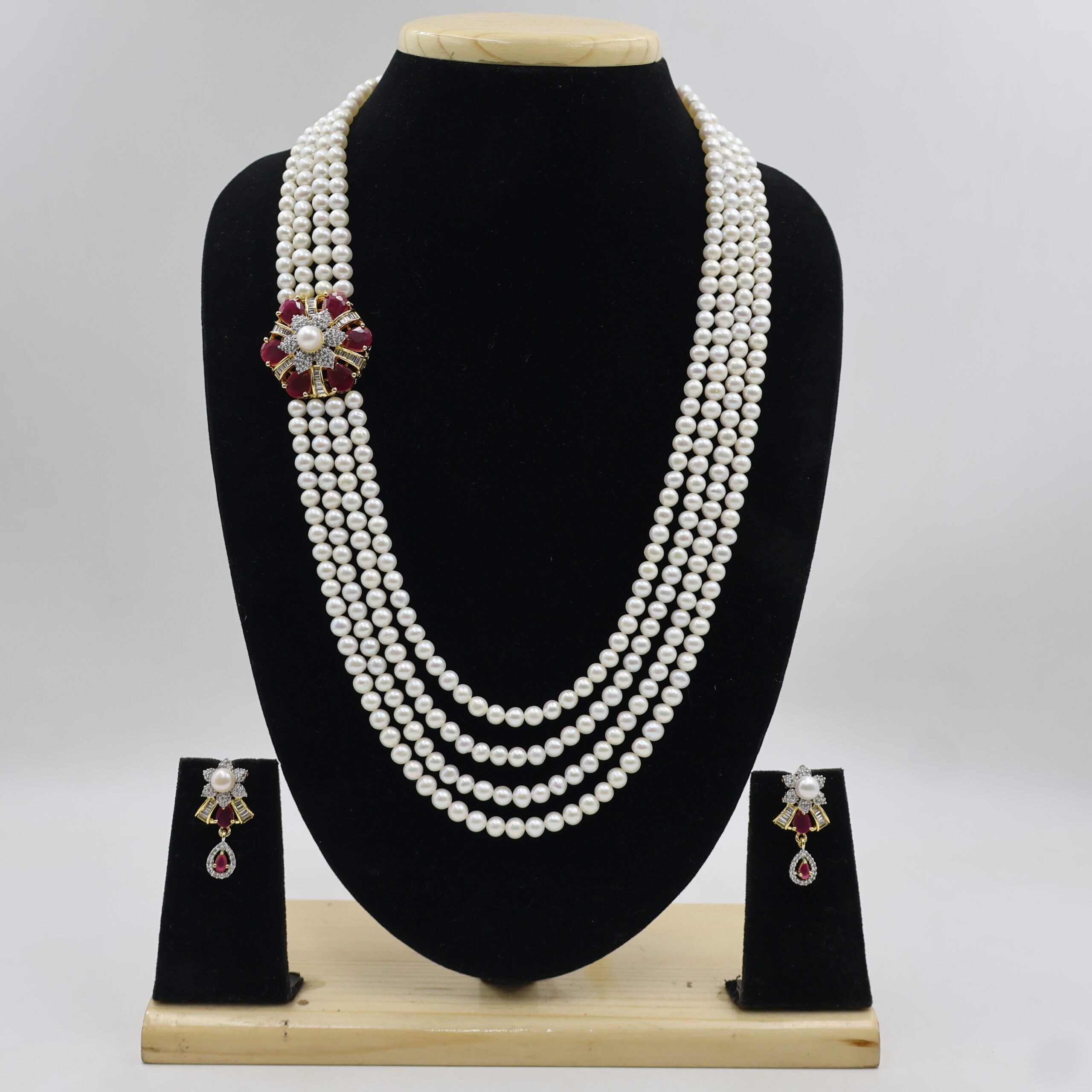 Designer Four Strand Pearl Necklace Set - Image 2