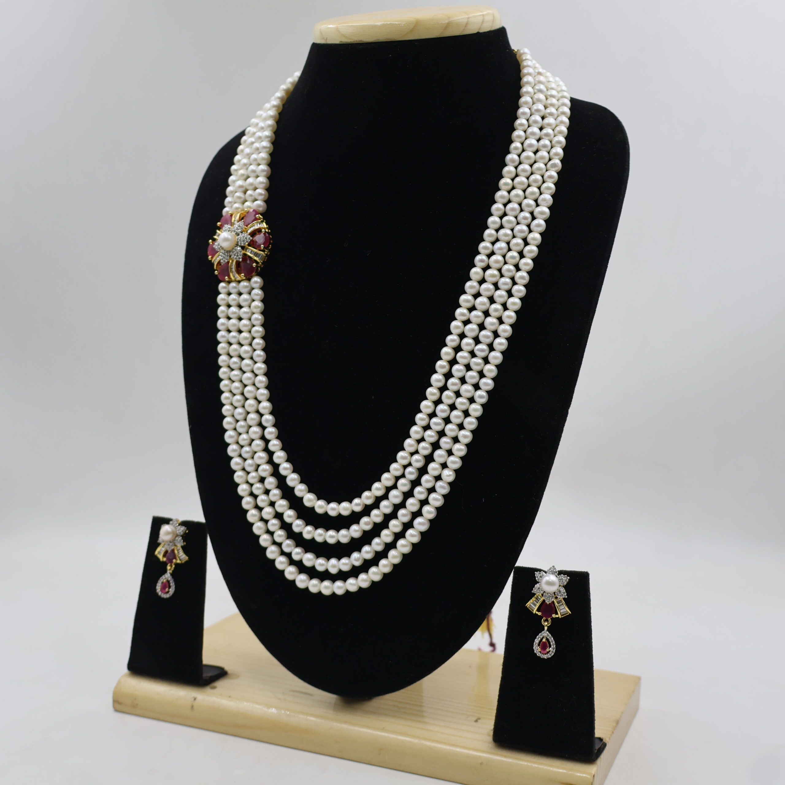 Designer Four Strand Pearl Necklace Set - Image 3