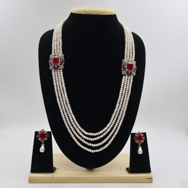 Alternative view of Classic Ruby Pearl Layered Necklace with Earrings