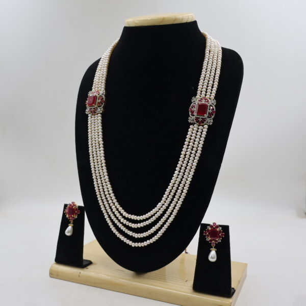 Classic Ruby Pearl Layered Necklace with Earrings - Image 4