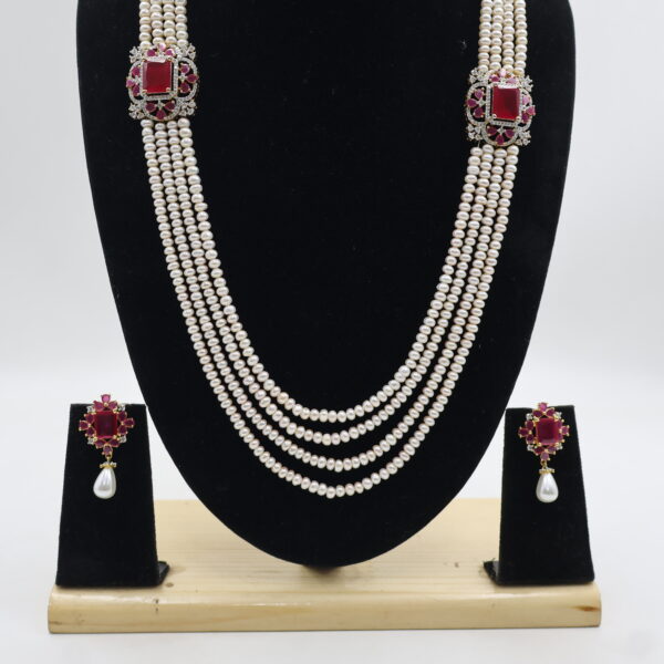 Classic Ruby Pearl Layered Necklace with Earrings - Image 5