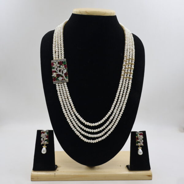 Alternative view of Designer Multi-Strand Pearl Necklace with Ruby & Emerald Stones