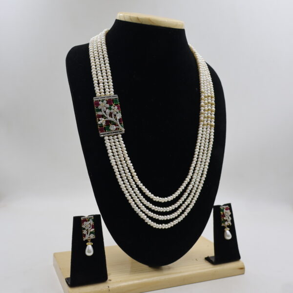 Designer Multi-Strand Pearl Necklace with Ruby & Emerald Stones - Image 4