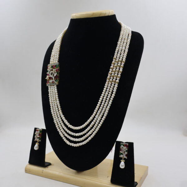 Designer Multi-Strand Pearl Necklace with Ruby & Emerald Stones - Image 3