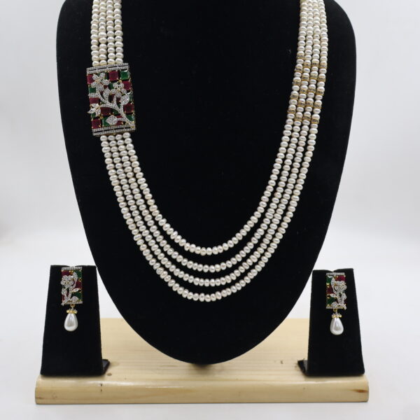 Designer Multi-Strand Pearl Necklace with Ruby & Emerald Stones - Image 5