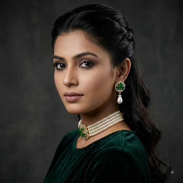 Emerald Green Stone Pearl Choker Necklace