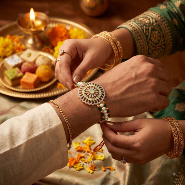 Alternative view of Royal Emerald Pearl Rakhi