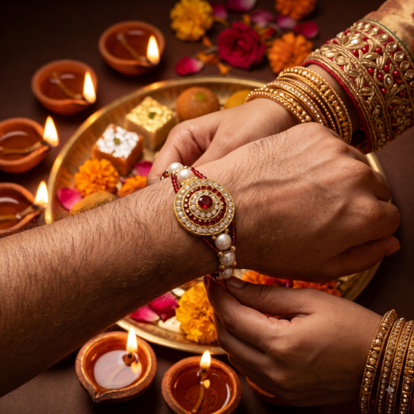 Alternative view of Crimson Elegance Pearl Rakhi