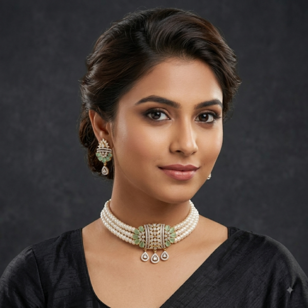Light Green Stone & Pearl Choker Necklace