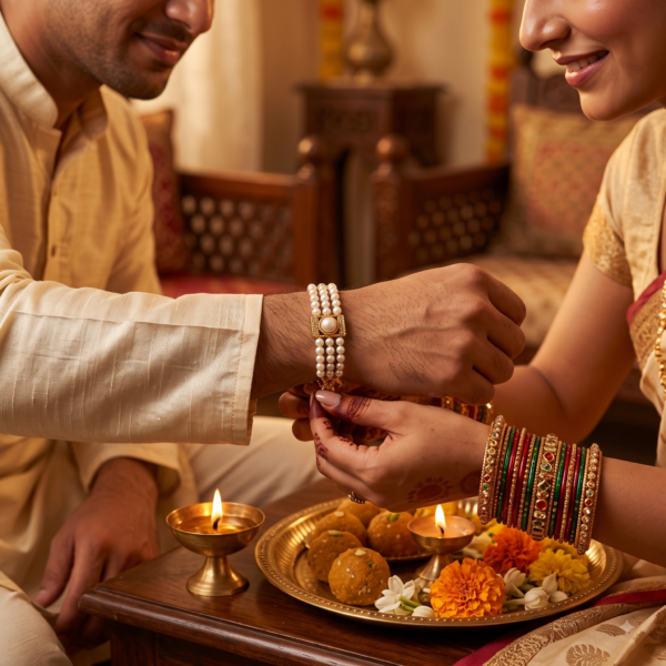 Alternative view of Royal Triple Pearl Rakhi