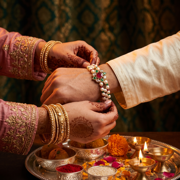 Alternative view of Ruby Green Elegance Pearl Rakhi