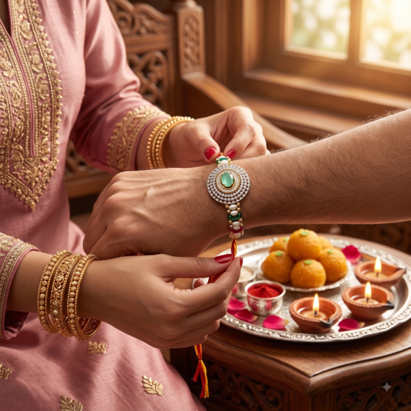 Alternative view of Royal Green Crystal Pearl Rakhi