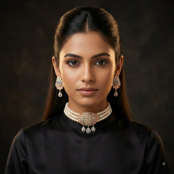 Pink CZ Stone Pearl Choker Necklace