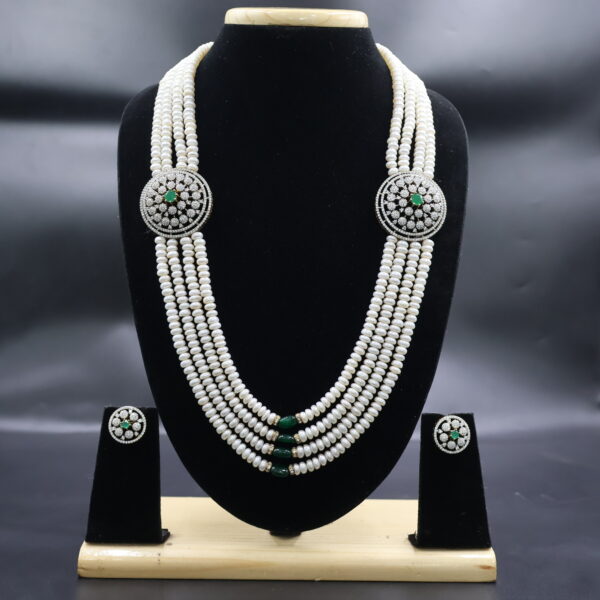 Alternative view of Four Layer Pearl Necklace Set with Green Stone Accents