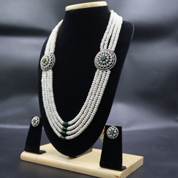 Four Layer Pearl Necklace Set with Green Stone Accents - Image 4