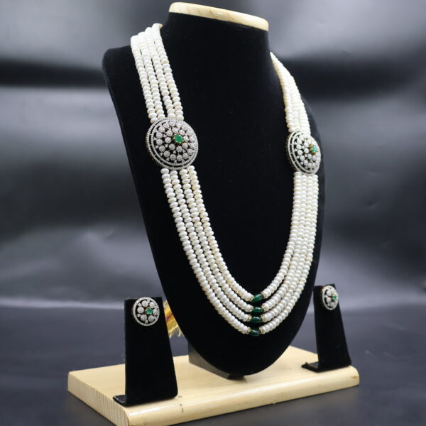 Four Layer Pearl Necklace Set with Green Stone Accents - Image 3