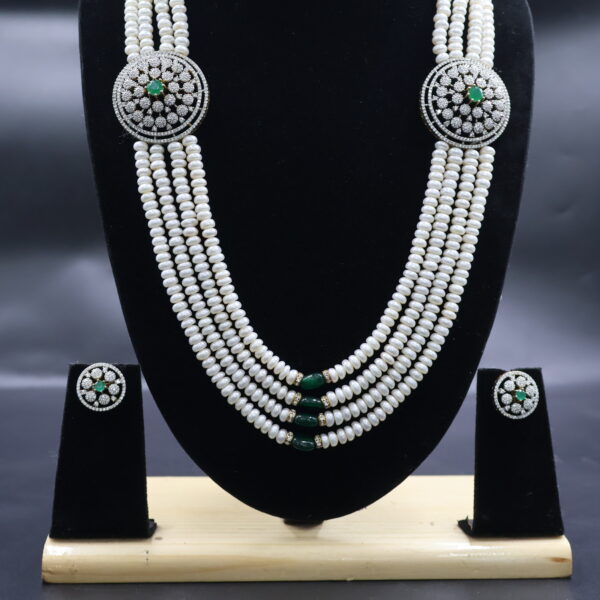 Four Layer Pearl Necklace Set with Green Stone Accents - Image 5