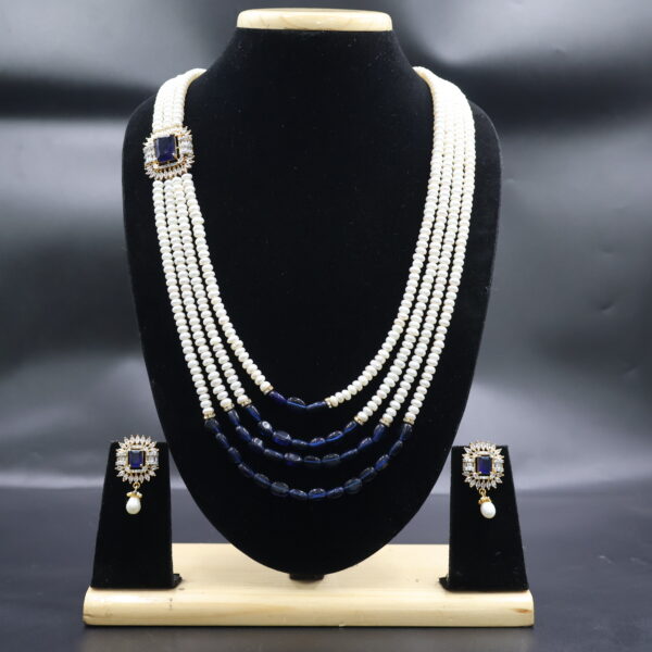 Alternative view of Four Layer Pearl Necklace Set with Blue Stone Accents