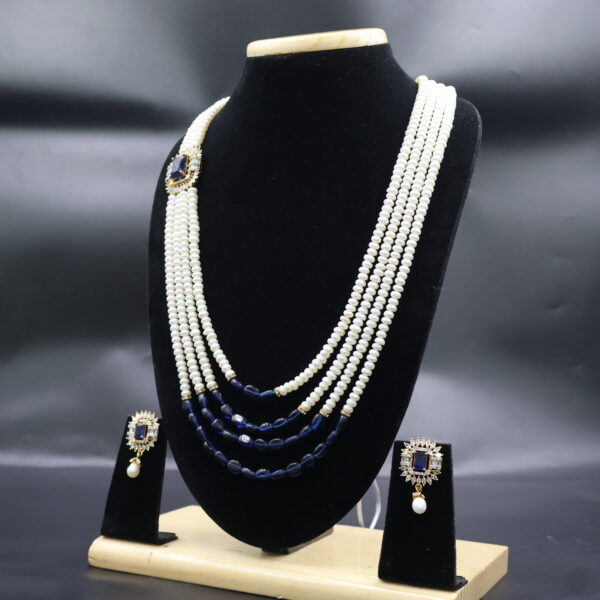 Four Layer Pearl Necklace Set with Blue Stone Accents - Image 4