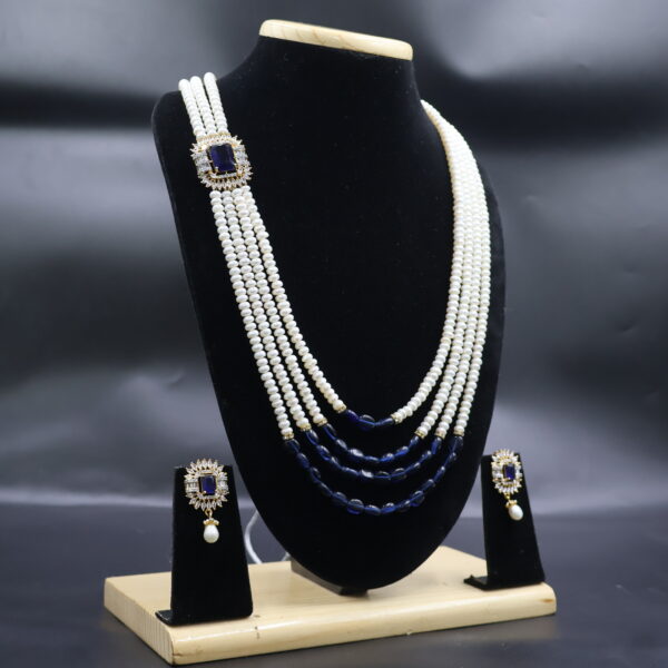 Four Layer Pearl Necklace Set with Blue Stone Accents - Image 3