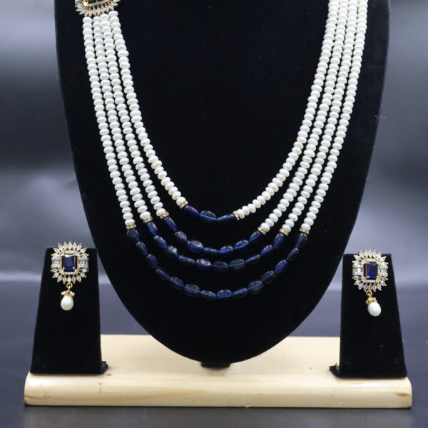 Four Layer Pearl Necklace Set with Blue Stone Accents - Image 5