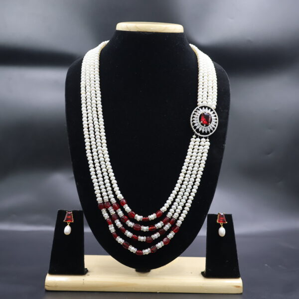 Alternative view of Pearl Necklace Set with Ruby Red Stone Accents