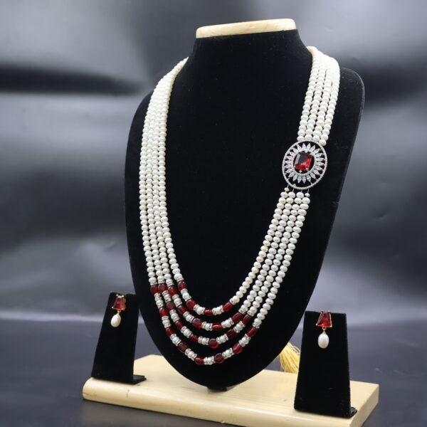 Pearl Necklace Set with Ruby Red Stone Accents - Image 4