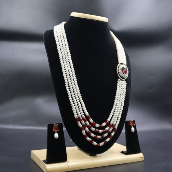 Pearl Necklace Set with Ruby Red Stone Accents - Image 3