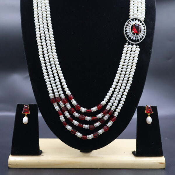Pearl Necklace Set with Ruby Red Stone Accents - Image 5