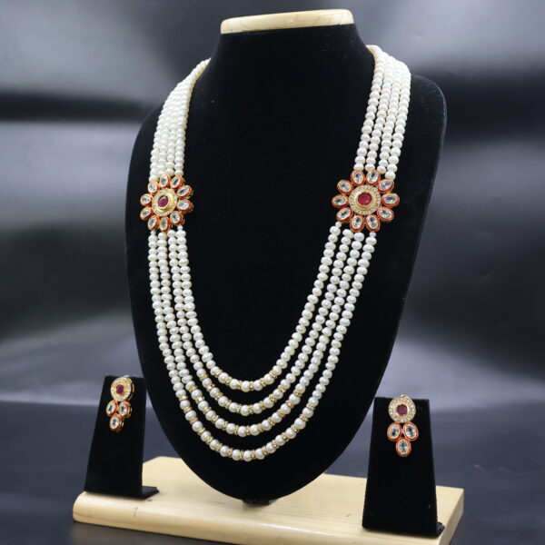 Luxury White Pearl 4-Strand Necklace & Earrings Set - Image 4
