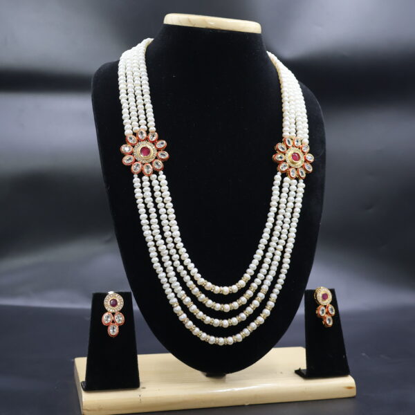 Luxury White Pearl 4-Strand Necklace & Earrings Set - Image 3