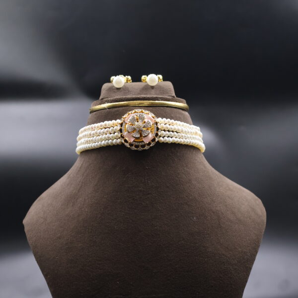 Alternative view of Pink CZ Stone Pearl Choker Necklace