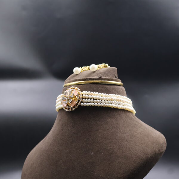 Pink CZ Stone Pearl Choker Necklace - Image 4