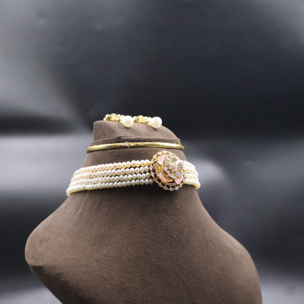 Pink CZ Stone Pearl Choker Necklace - Image 3
