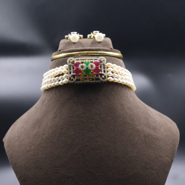 Alternative view of Ruby & Green Stone Pearl Choker Necklace Sets