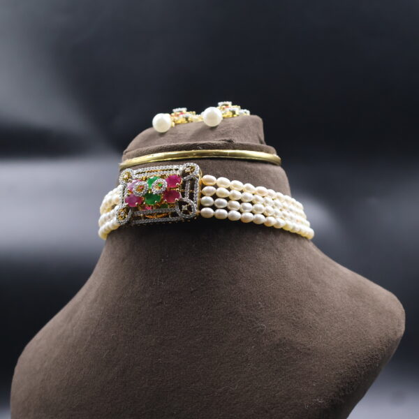 Ruby & Green Stone Pearl Choker Necklace Sets - Image 4